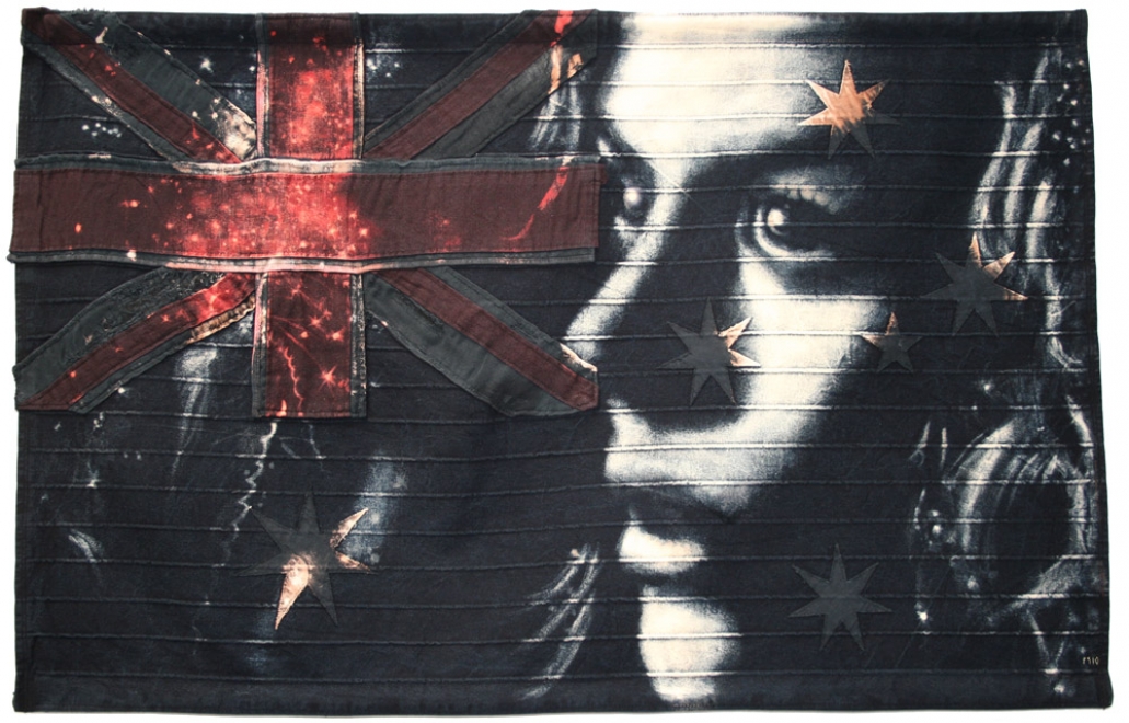 Fireworks : 2010 1128 x 728 mm  Bleaching technique & dye on handmade  Australian flag, made from vintage denim, American flag, cotton drill and linen