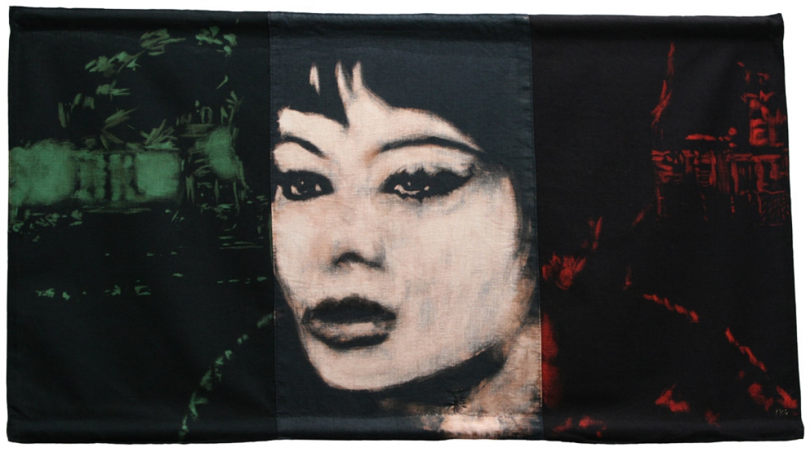 Neon : Portrait of Sophia Lauren in Yesterday, today and tomorrow with neon fairground lights. Bleaching technique & dye on handmade linen Italian flag. Flag size 1004 x 551 mm. Framed in black box frame approx size 107.4 x 65.6 cm