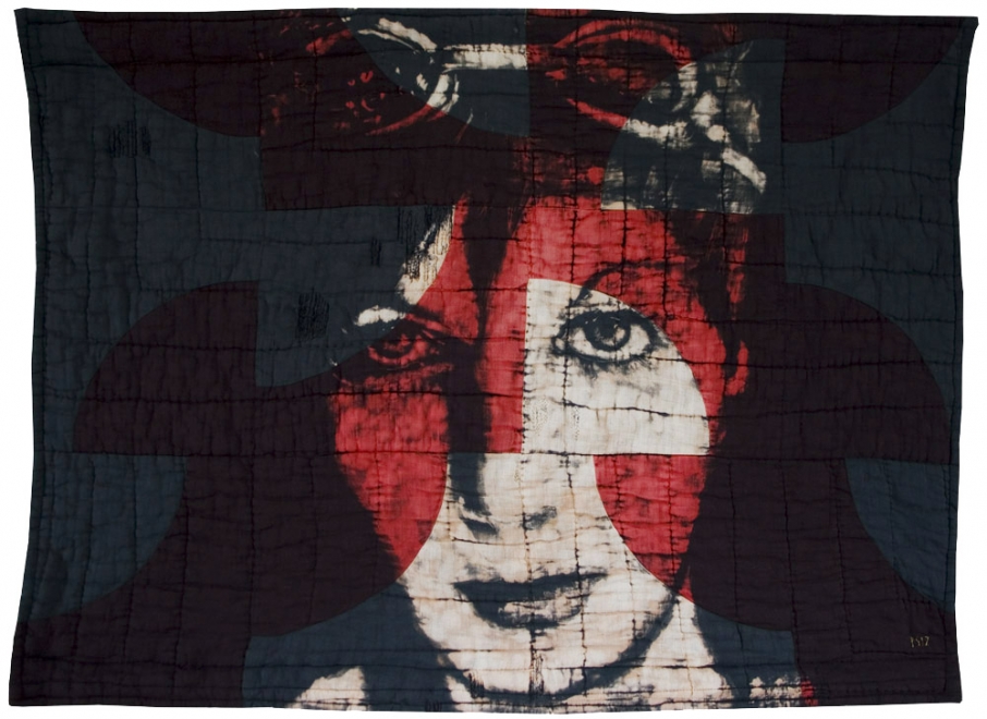 Open Waters : 2012, fabric size 74 x 55 cm. Framed size 870 x 680 mm. Bleaching technique, ink and dye on antique 'Drunkards Path' American quilt. Available from Ben Oakley Gallery London £1500