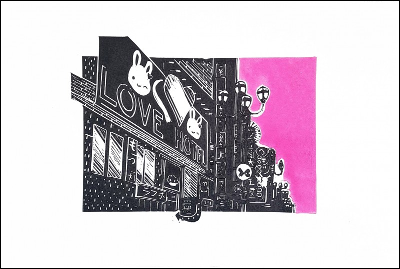 Love Hotel Lino print edition of 8 - Click here to view and order this product